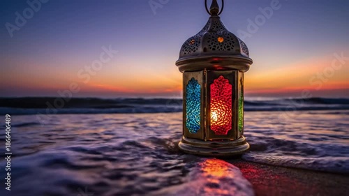 Ornate metal lantern with colored glass panels glowing on a sandy beach at sunset with gentle ocean waves