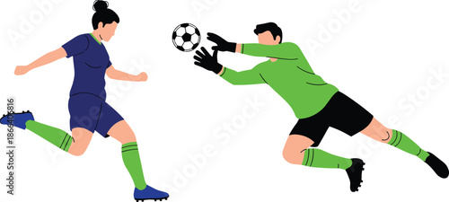Soccer player shooting ball and goalkeeper diving save action, flat vector illustration of football match, sports competition, teamwork, and athletic performance concept