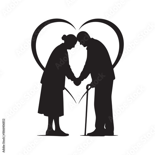 Minimal vector silhouette of an elderly couple holding hands, forming a heart shape. Symbol of lifelong love, devotion, tenderness, support, and deep emotional connection.