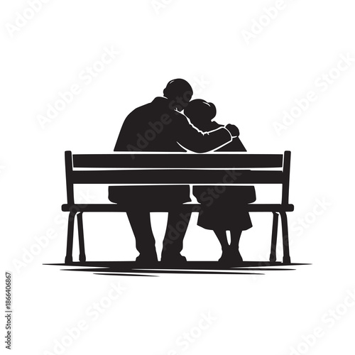 Minimal vector silhouette of an elderly couple sitting on a bench, gently embracing. Symbol of lifelong love, tenderness, companionship, emotional support, and quiet shared moments.