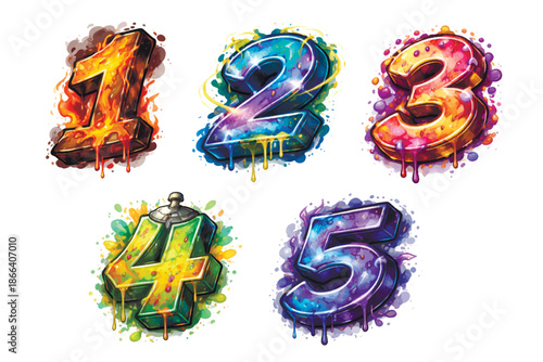 Colorful vector graffiti numbers 1, 2, 3, 4, 5 in bold 3D style with paint drips, splashes, textures, and vibrant urban street art look. Creative numeric typography for posters, prints.