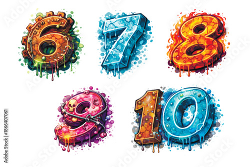Colorful vector graffiti numbers 6, 7, 8, 9, 10 in bold 3D style with paint drips, splashes, textures, and expressive urban street art mood. Creative numeric typography for posters, prints.