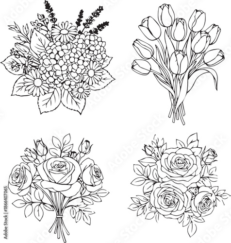 Black and white floral bouquet vector set with roses, tulips, daisies and hydrangeas, line art flower collection for coloring book