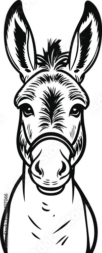 Hand-drawn style donkey vector illustration in pure black and white, clean contour lines, minimalistic cartoon look, scalable SVG, isolated on white background 3