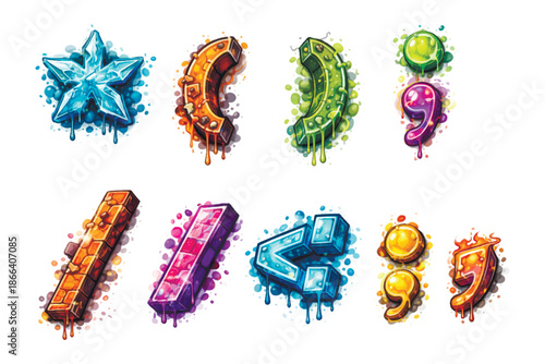 Colorful 3D graffiti punctuation symbols with glossy paint drips, star, opening parenthesis, closing parenthesis, comma, vertical bar, slash, less than sign, semicolon, question mark. Vector icons.