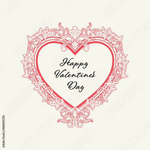 Ornate pink baroque heart frame with "Happy Valentine's Day" script text on a cream background