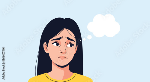 Young woman with a sad and worried facial expression looking down with a blank thought bubble above her head for custom text.