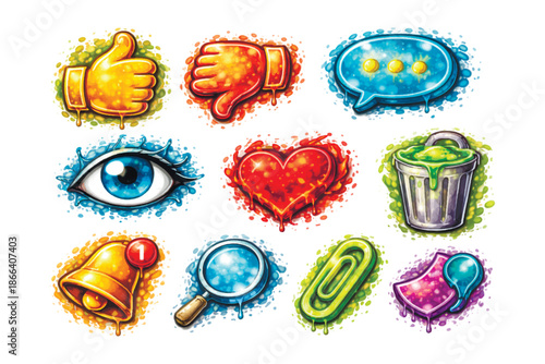 Bright 3D graffiti social media icons set with glossy paint drips: like, dislike, chat, eye, heart, trash, notification, search, clip and bookmark. Urban vector symbols for UI, apps and web design.