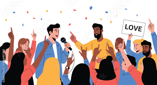 Enthusiastic crowd cheering for two speakers on stage during a rally or concert, with one person holding up a love sign.