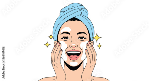 Joyful woman with a towel on her head applying foam cleanser to her face, representing a daily skincare and beauty routine.