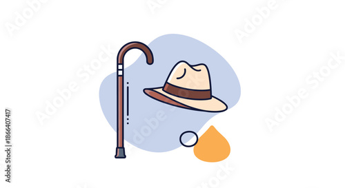 Simple flat design illustration of a classic wooden walking cane and a fedora hat, representing old age, gentlemen, or seniors.