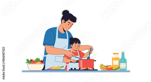 Loving father and his young child cooking a healthy meal together in the kitchen, enjoying a fun family bonding activity.