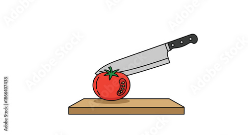 Minimalist flat illustration of a chef's knife slicing a fresh red tomato on a wooden cutting board for cooking concepts.