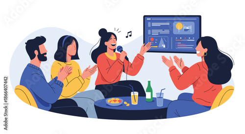 Group of happy young friends singing karaoke together at a party, enjoying music, drinks, and snacks in a cozy setting.