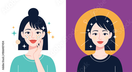 Before and after concept illustration showing a woman's face transformation from having acne and pimples to clear, healthy skin.