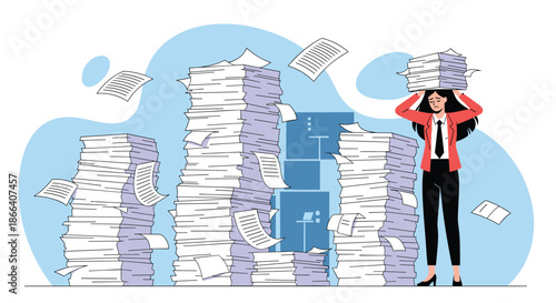 Overwhelmed businesswoman feeling stressed and buried in huge piles of paperwork, representing burnout and heavy workload.