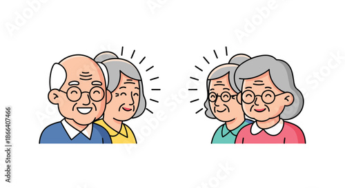 Happy and healthy senior couples smiling together, a charming cartoon illustration representing love and companionship in old age.