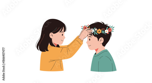 Gentle young girl carefully placing a beautiful crown of colorful flowers on a smiling boy's head, symbolizing friendship and love.