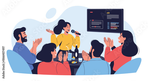 Cheerful friends having a great time at a karaoke bar, with a woman singing into a microphone while her friends applaud her.