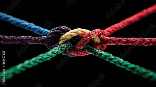 Close-up of intertwined, colorful ropes on a black background, forming a complex knot