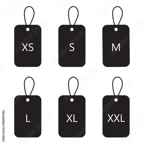 Clothing size labels vector illustration. Sizes Labels Dress symbols S, M, L, XL, XXL XXXL. Clothing size icon.