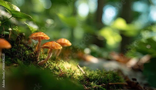 Mushrooms cluster on mossy forest floor, dappled sunlight, lush greenery