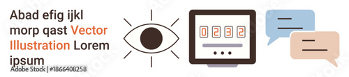 Communication, digital messaging, analytics, eye tracking, visual data, technology. Graphic showing an eye icon, speech bubbles and a numeric display. Communication and digital messaging concepts