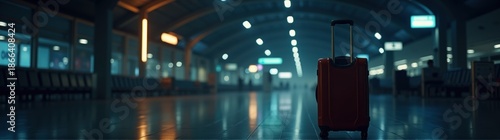 Red suitcase sitting in a dark room