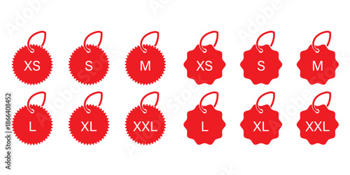 Clothes size vector icons. Sizes Labels Dress symbols S, M, L, XL, XXL 3XL small to extra large.
