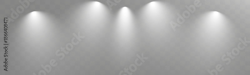 Stage spotlights with realistic white light beams and atmospheric haze on transparent background.