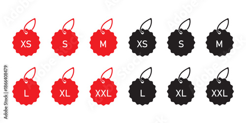 Clothes size vector icons. Sizes Labels Dress symbols S, M, L, XL, XXL 3XL small to extra large.