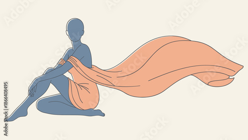 Serene Silhouette Woman Embracing Flowing Fabric in Minimalist Art.