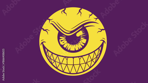 Sinister Smiley Face with a Single Eye and Sharp Teeth on Purple.