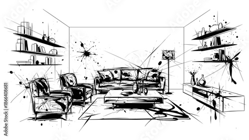Sketch of a modern living room interior with furniture.