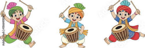 Cartoon Punjabi drummers in traditional attire playing dhol with joyful expressions for Bhangra dance, cultural celebration, and festive vector illustration content.