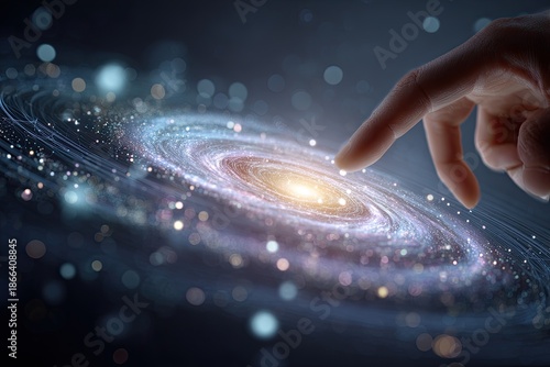 A human finger touches a spiral galaxy with sparkling bokeh effects in the dark