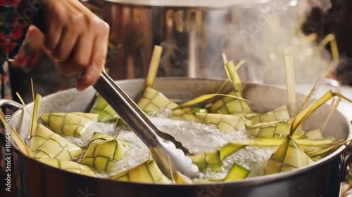 Woven palm leaf parcels boil in a metal pot with tongs stirring the bubbling water and steam rising