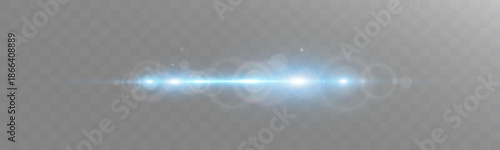 Blue horizontal light flare with glowing streaks and lens effects on transparent background.
