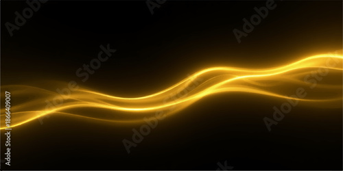 Golden glowing wavy line on dark background abstract light effect