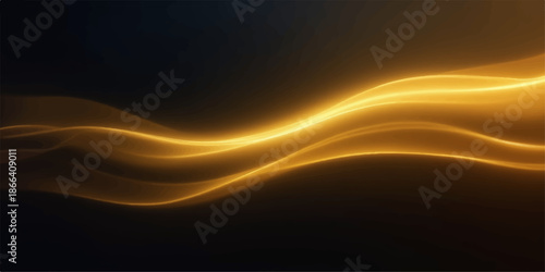 Golden light trails on dark background with wavy lines and vibrant glow