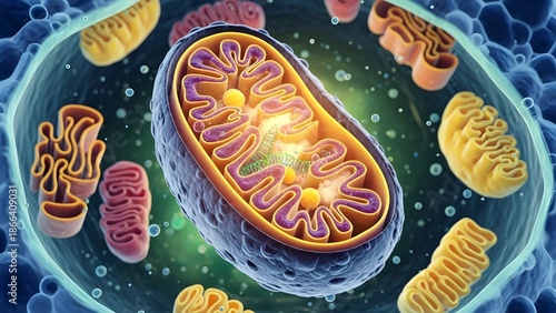 3D Rendered Mitochondrion Cross Section with Detailed Organelles in Eukaryotic Cell