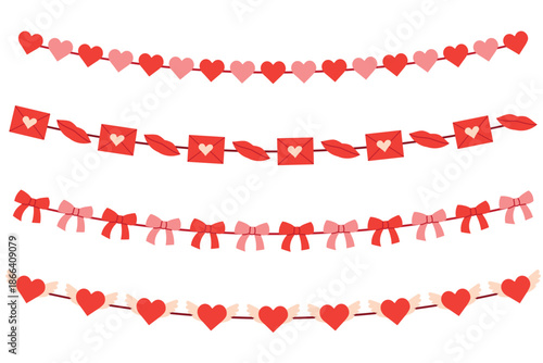 set of valentine's garladn with hearts, love letter, lips, bow, and Cupid's heart- vector illustration