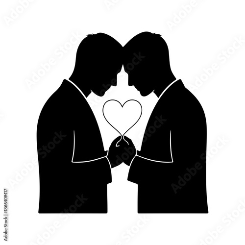 Gay Couple Silhouette Holding Heart Symbol, Love, Romance, Valentine's Day, LGBTQ Pride Celebration