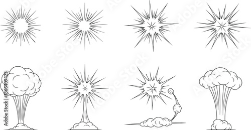 Explosion and Blast Effects Line Art Set with Comic Style Smoke Bursts Vector