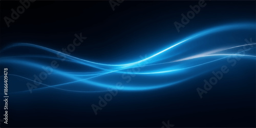 Glowing blue neon light trails on dark background with wave pattern