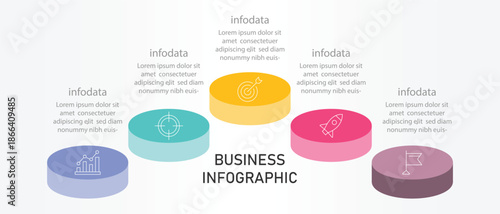 Business process chart infographics with 5 step segments. Isometric 3d corporate timeline infographic elements. Timeline design for brochure, presentation. Infographic design layout.