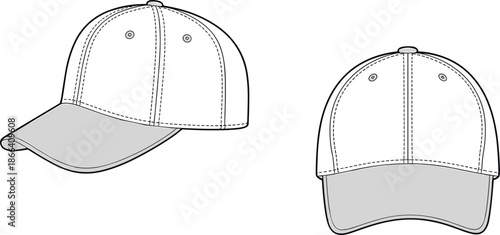 Baseball cap technical sketch set with side and front views for headwear fashion design and apparel mockup