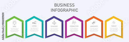 Infographic design template with place for your data. Concept of arrow business model with 6 successive steps. Vector illustration.