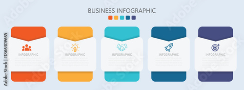 Concept of arrow business model with 5 successive steps. Infographic design template with place for your data. Can be used for workflow layout, diagram, annual report, web design.