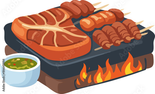 A flat-style illustration depicts assorted grilled meats and skewers cooking on a hot grill with visible flames and a small bowl of green dipping sauce.
